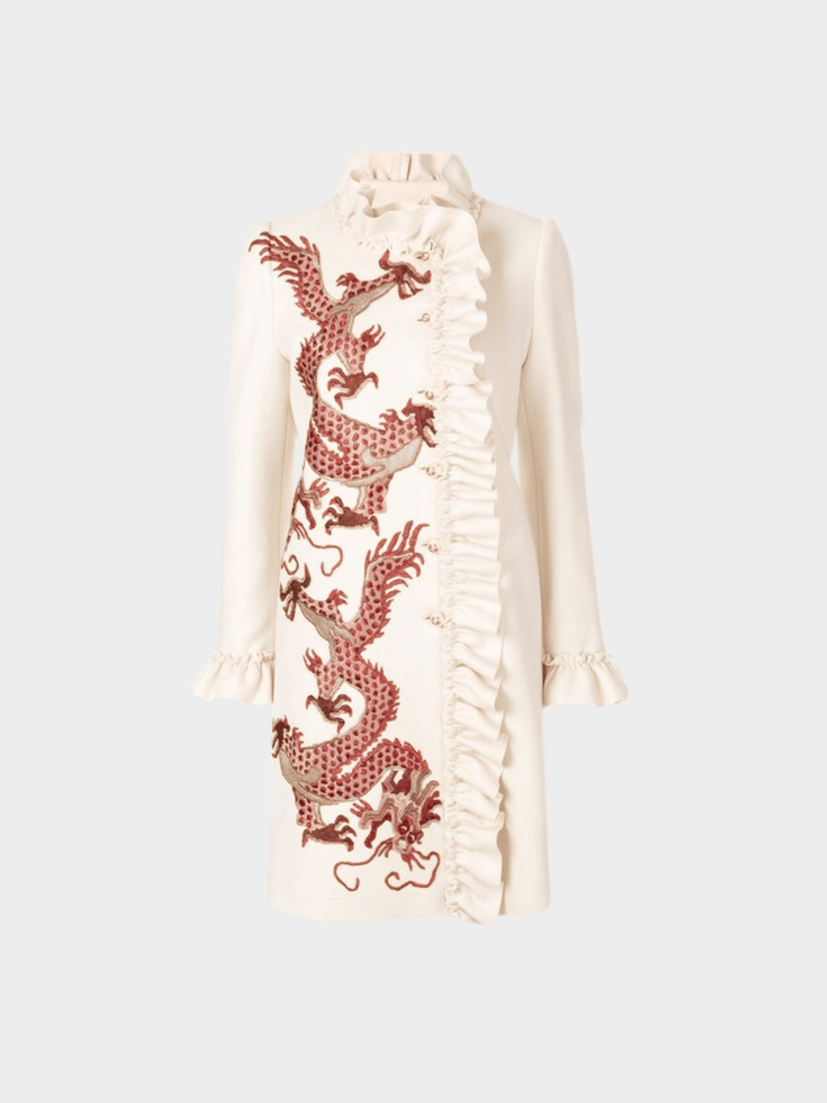 Gucci Pre-Fall 2017 Ivory Wool Dragon Embroidered Ruffle Coat