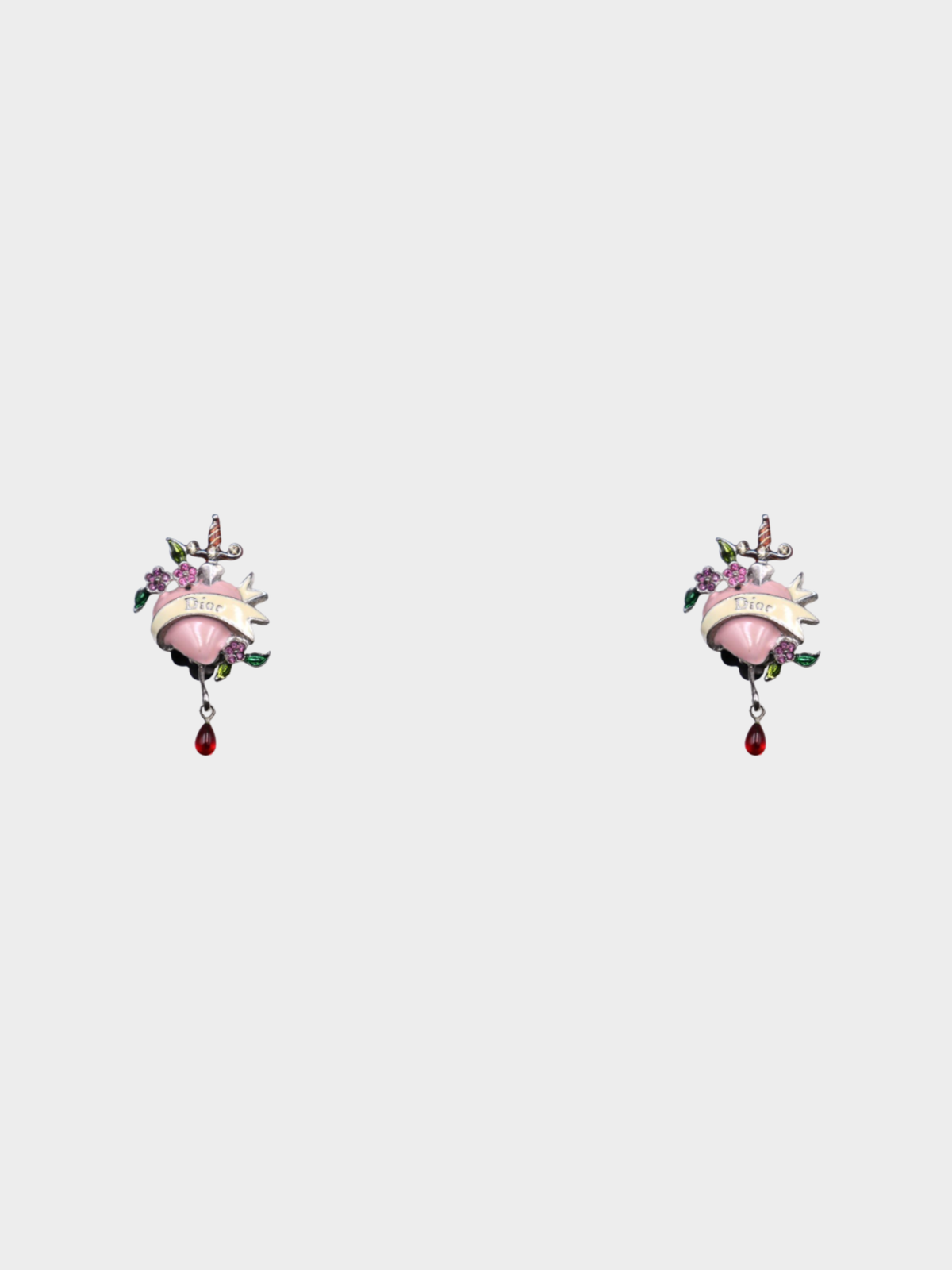 Christian Dior 2000s Pink Dagger Heart Drop Earrings