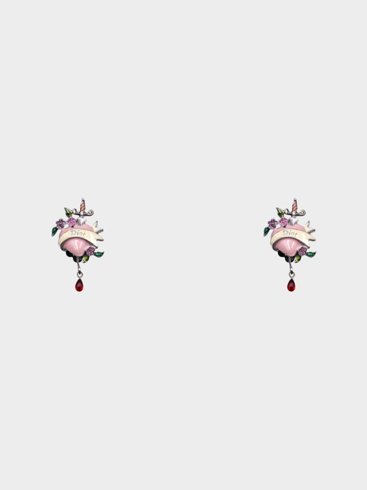 Christian Dior 2000s Pink Dagger Heart Drop Earrings