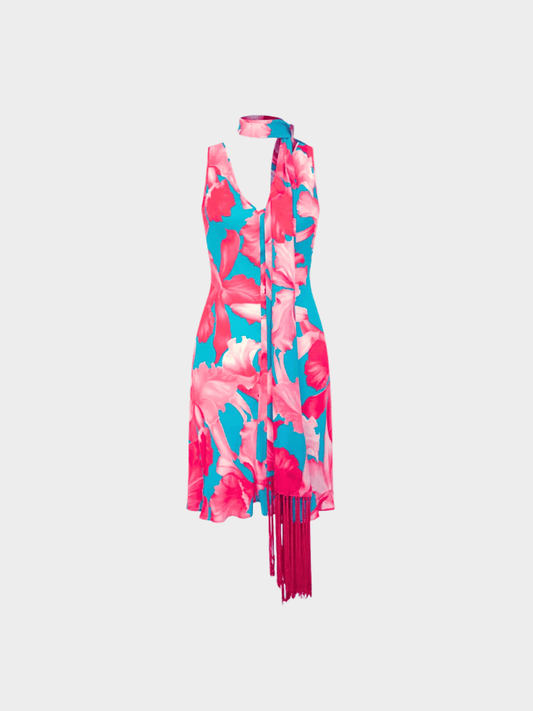 Celine SS 2004 by Michael Kors Floral Print Silk Dress with Fringed Scarf