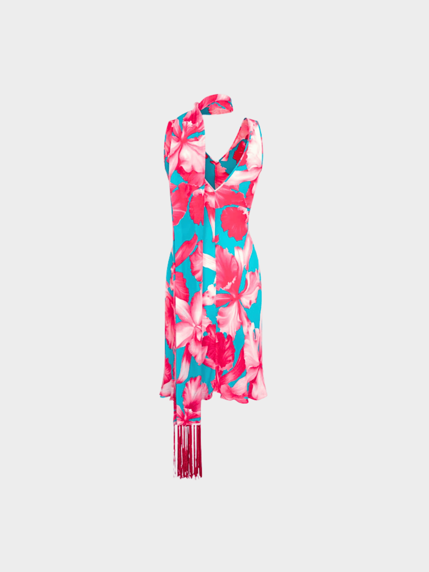 Celine SS 2004 by Michael Kors Floral Print Silk Dress with Fringed Scarf