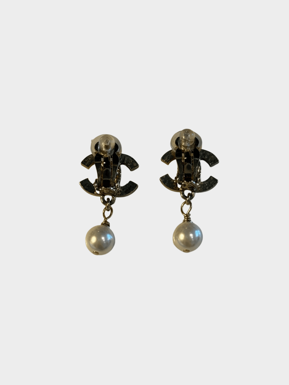 Chanel 2000s Gold Plated Metal Pearl CC Logo Earrings