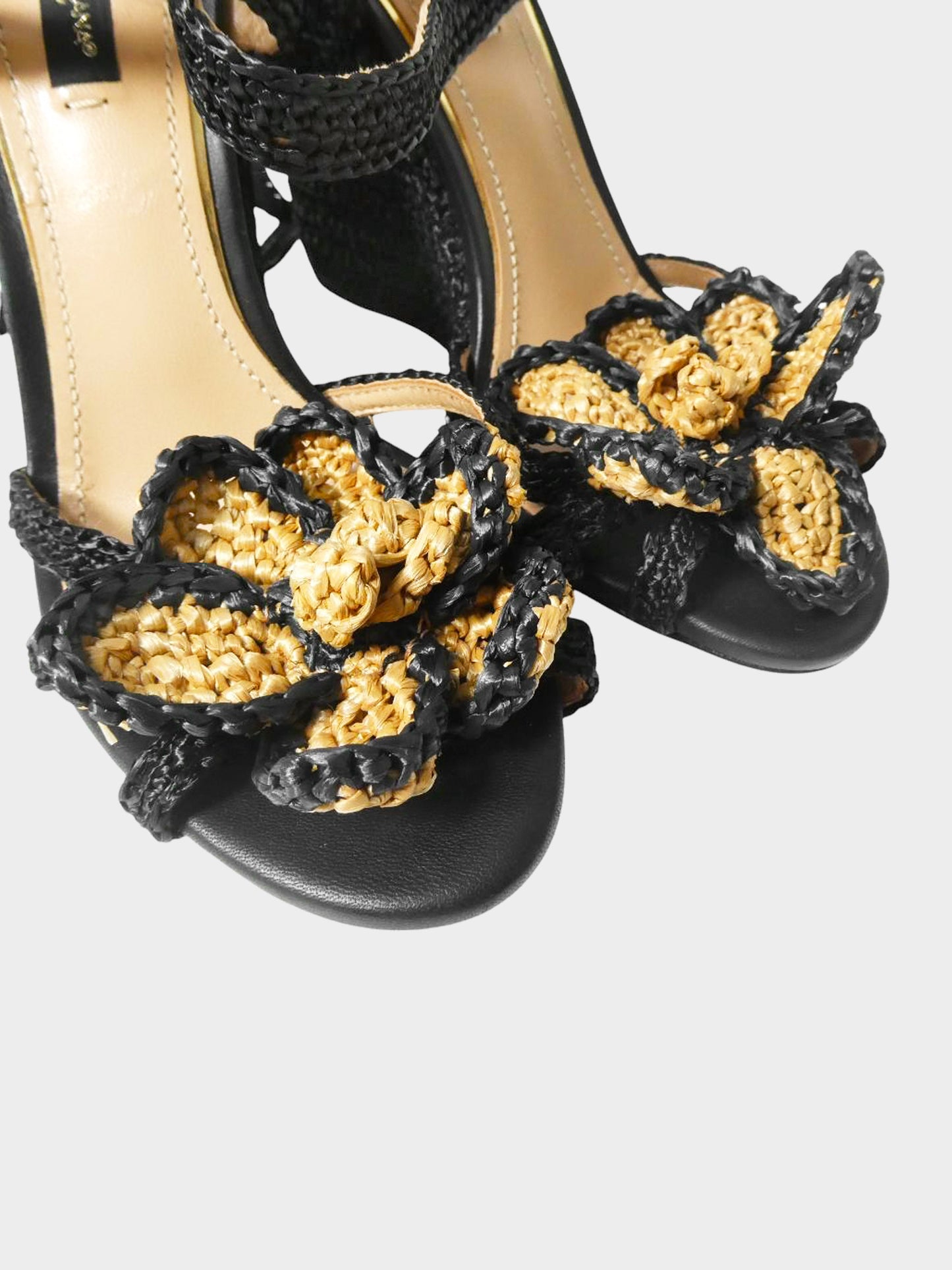 Dolce and Gabbana 2010s Black and Beige Raffia Flower Wedge Sandals