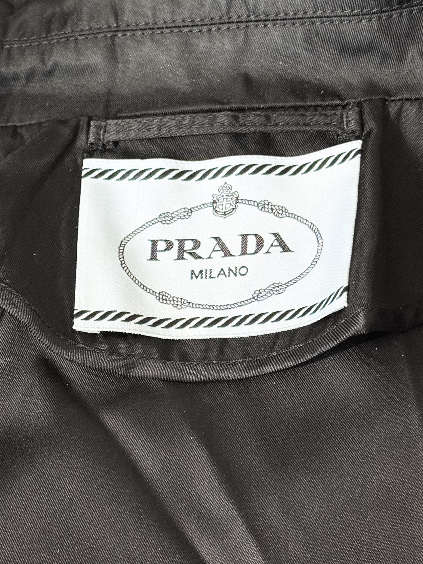 Prada 2023 Black Re-Nylon and Brown Leather Cropped Jacket and Skirt Set