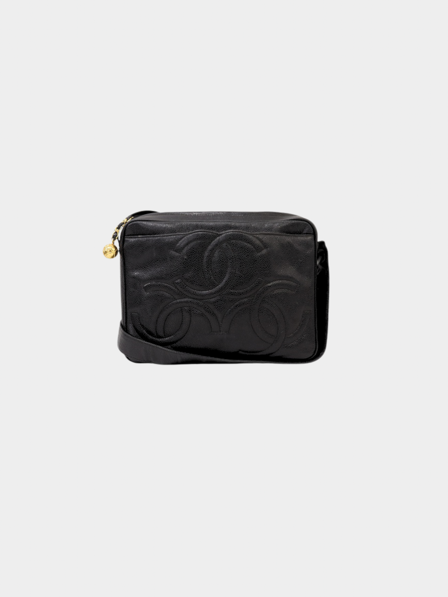 Chanel 1995 Black Caviar Leather Triple COCO Shoulder Bag