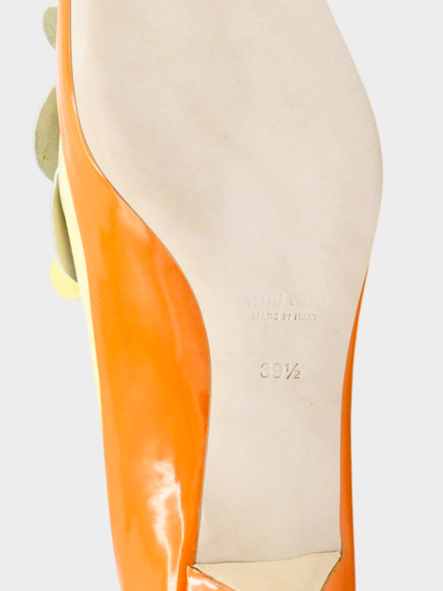 Miu Miu 2010s Orange and Yellow Patent Leather Ruffle Bow Kitten Heel Pumps