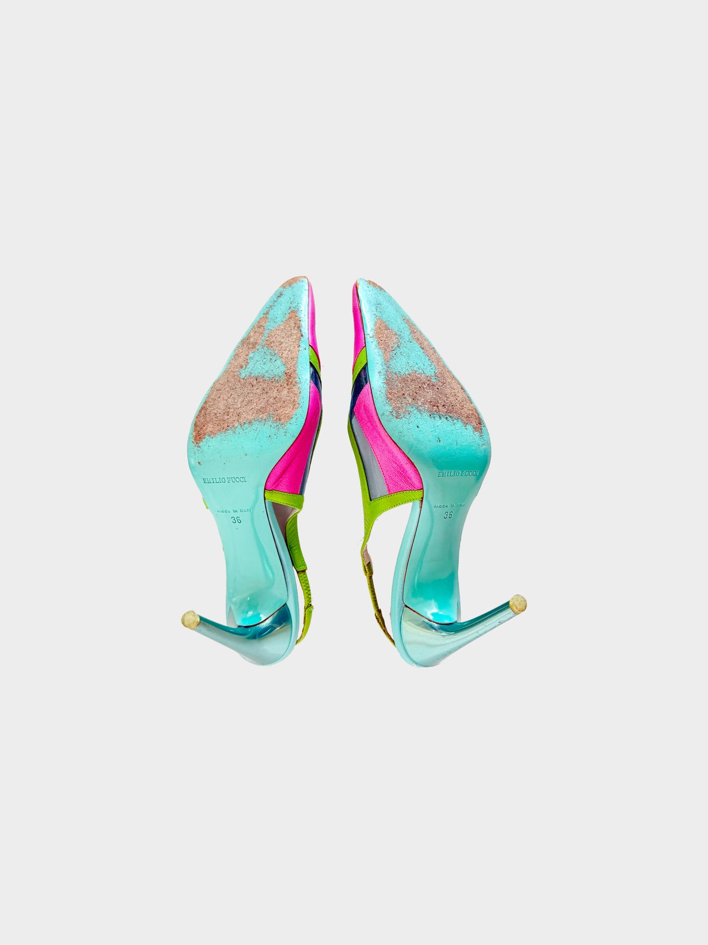 Emilio Pucci 2000s Pink, Green, and Blue Leather Color Block Slingback Heels