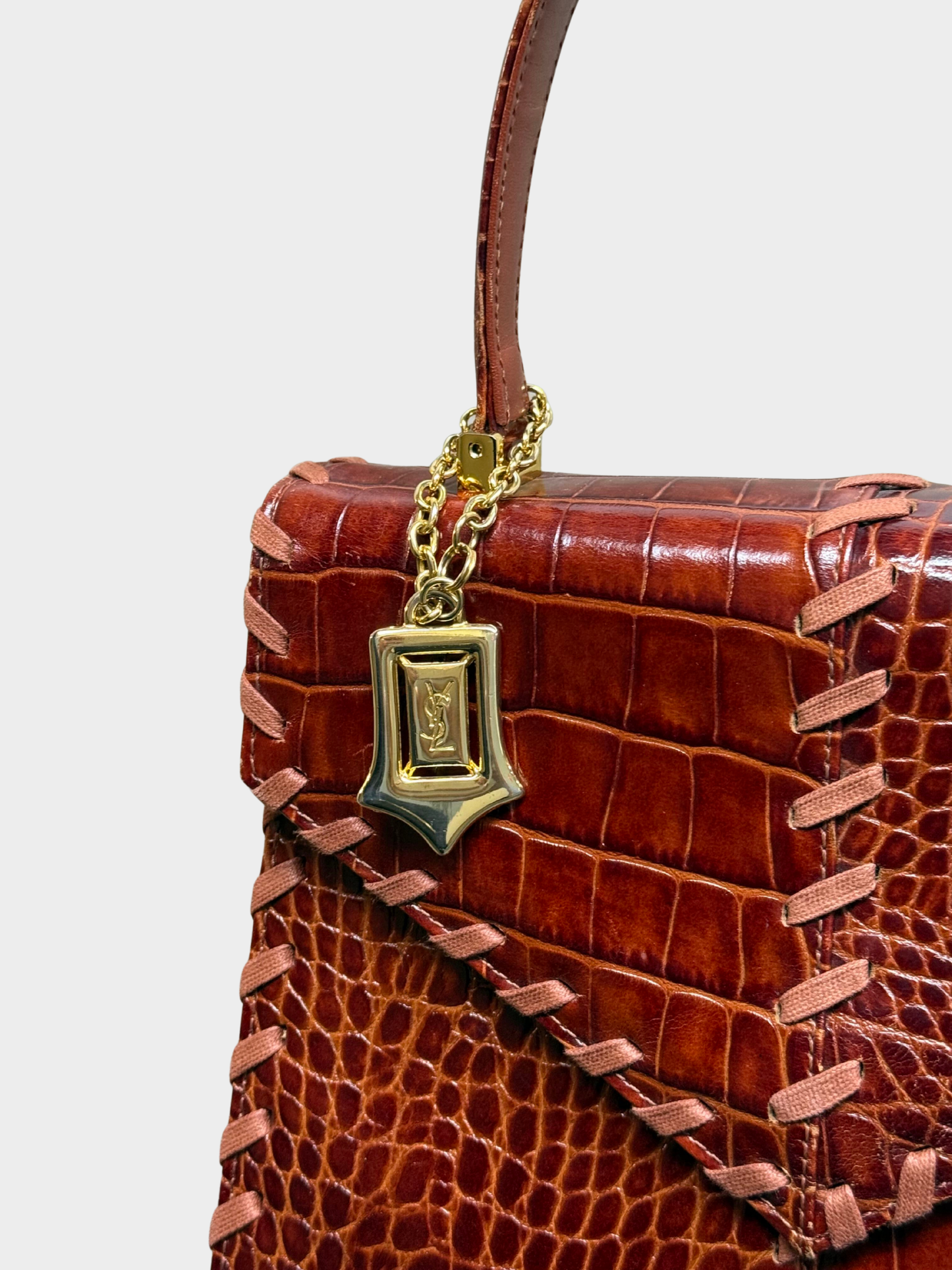 Yves Saint Laurent 1990s Cognac Croc-Embossed Lace-Up Handbag