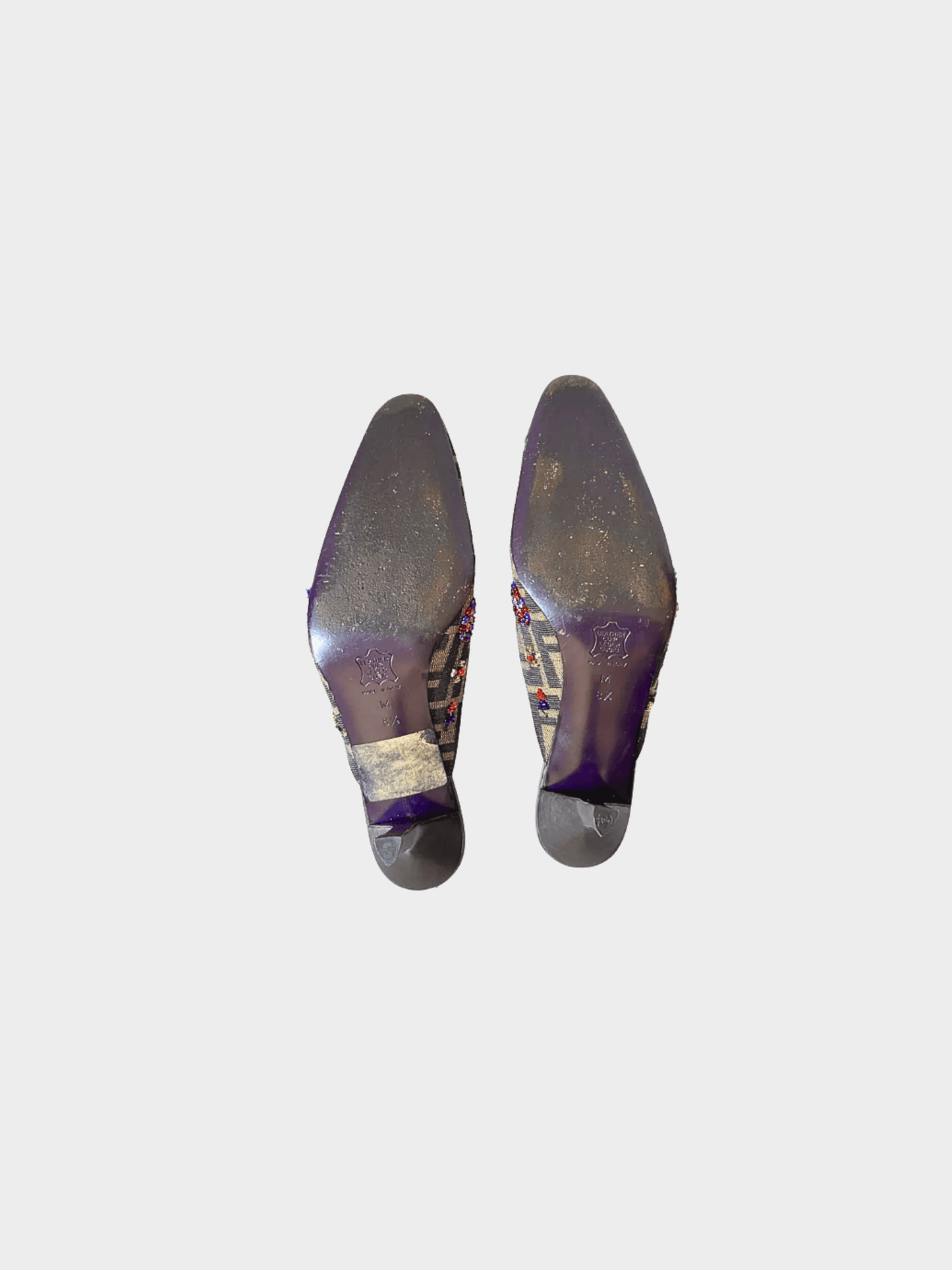 Fendi 2000s Brown Zucca Pattern Embellished Monogram Mules