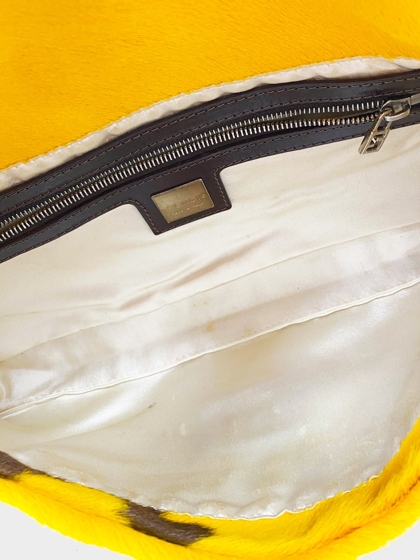 Fendi 2000s Yellow and Brown Pony Hair Cow Print Baguette
