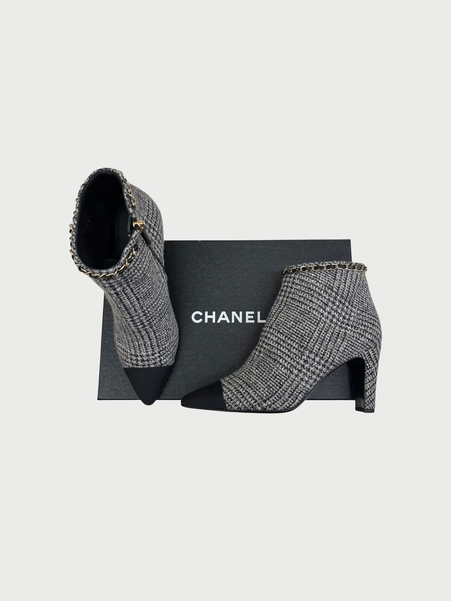 Chanel FW 2019 Black Wool Prince of Wales Check Chain Booties