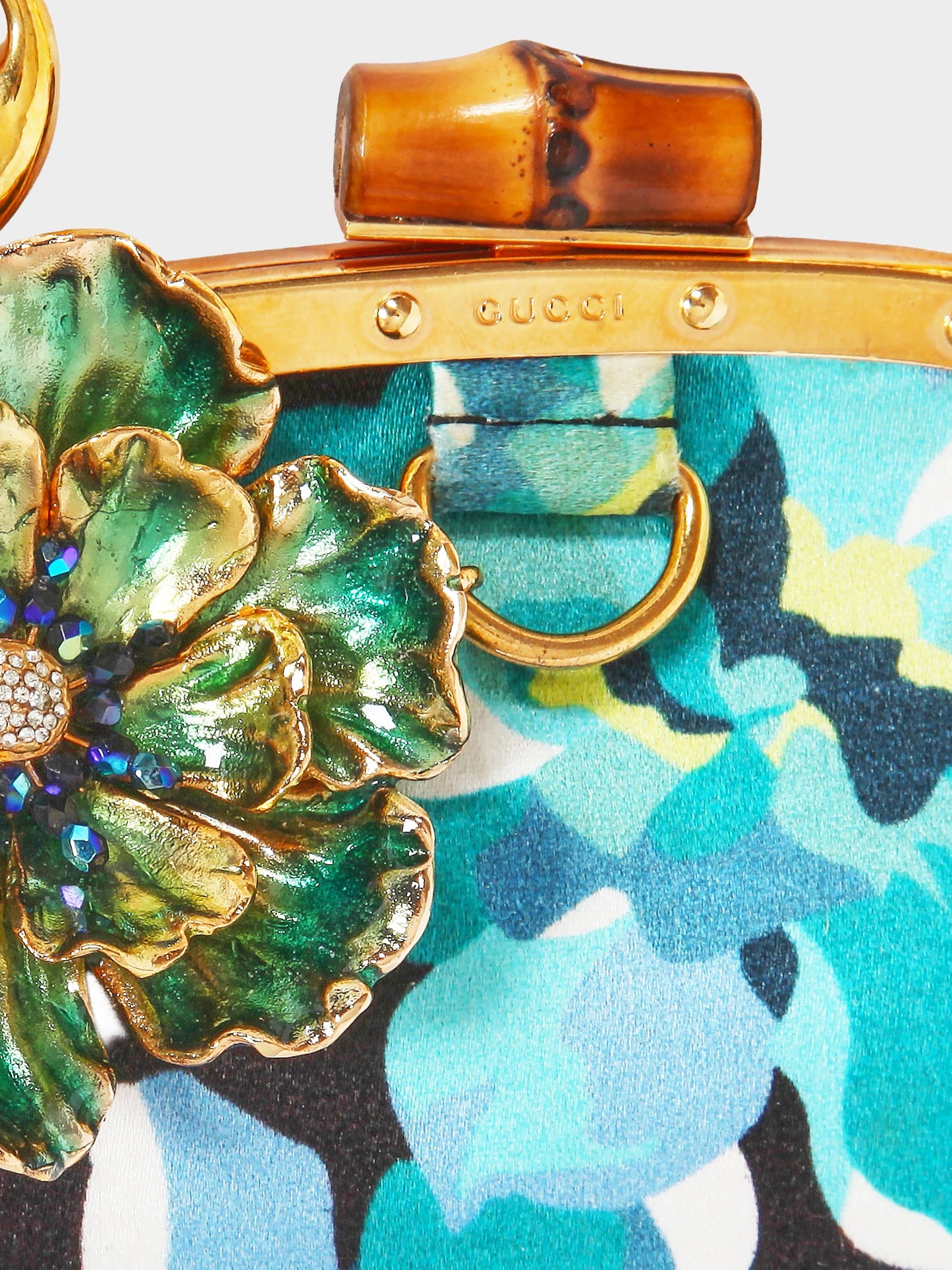 Gucci SS 2006 Blue Floral Print Silk Satin Poppy Flower Pochette