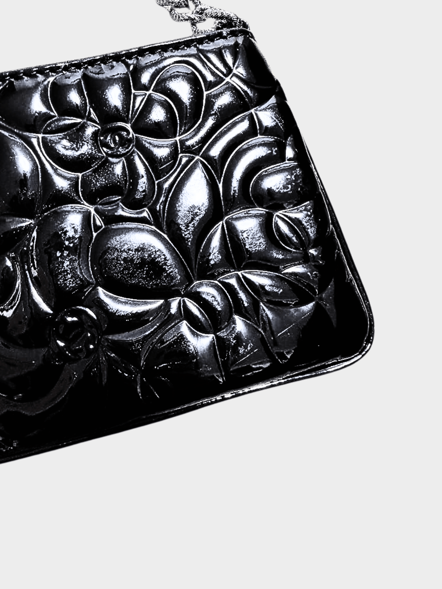 Chanel 2000s Black Camellia Embossed Patent Leather Mini Pochette Bag