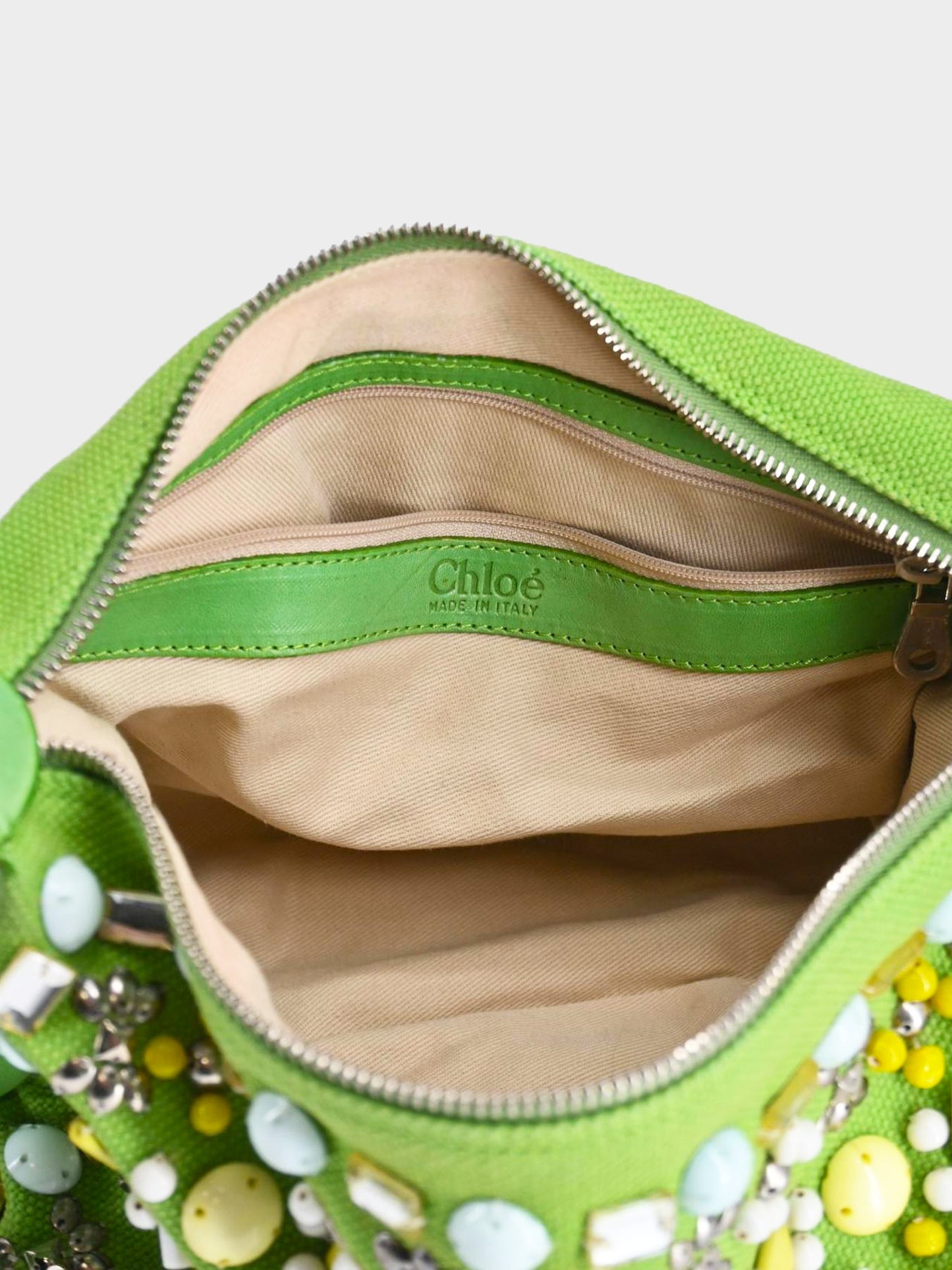 Chloe 2004 Green Canvas and Leather Beaded Hobo Bag