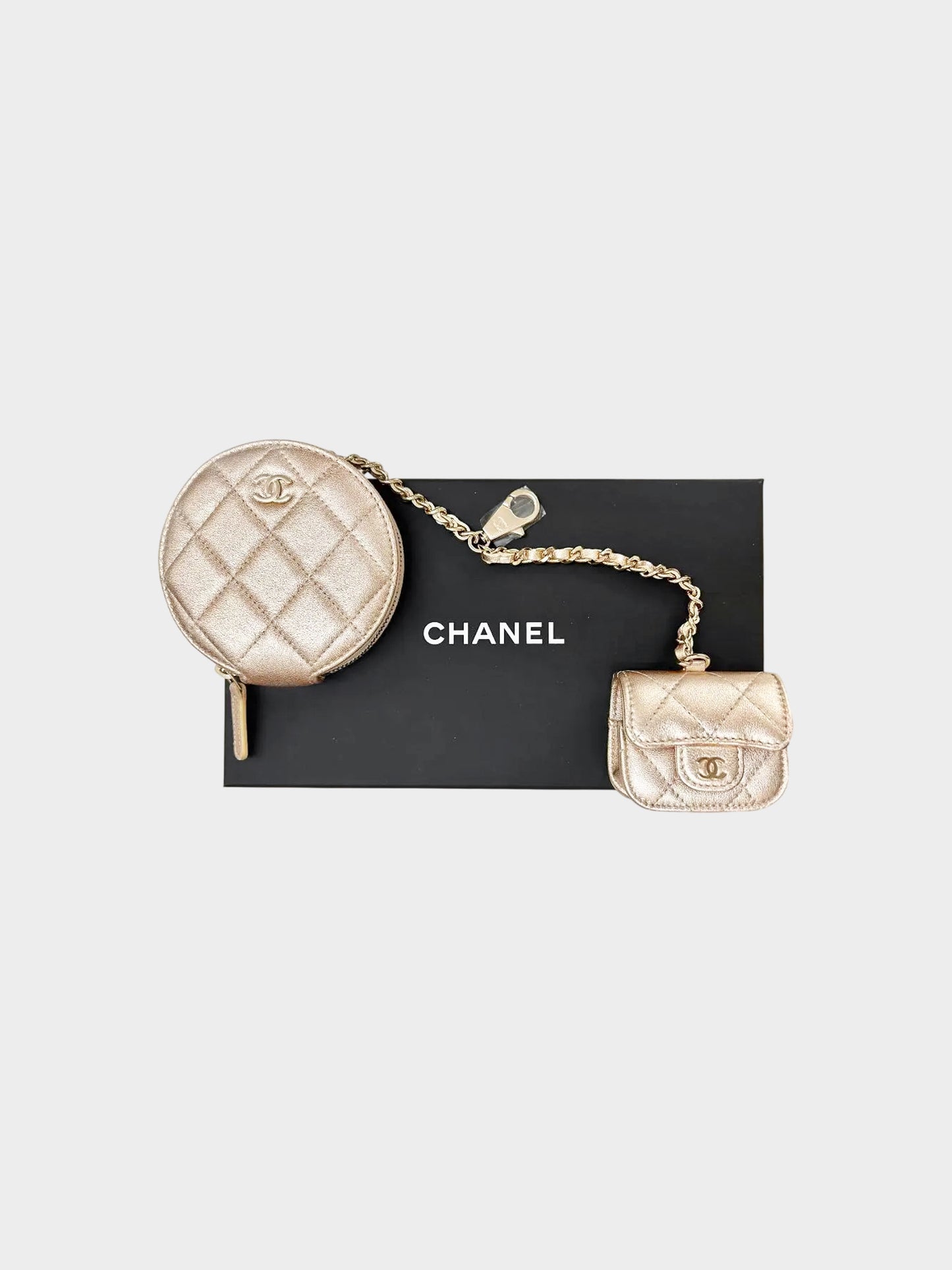 Chanel 2024 Metallic Champagne Gold VIP Clip-on coin Purse and Airpods Holder