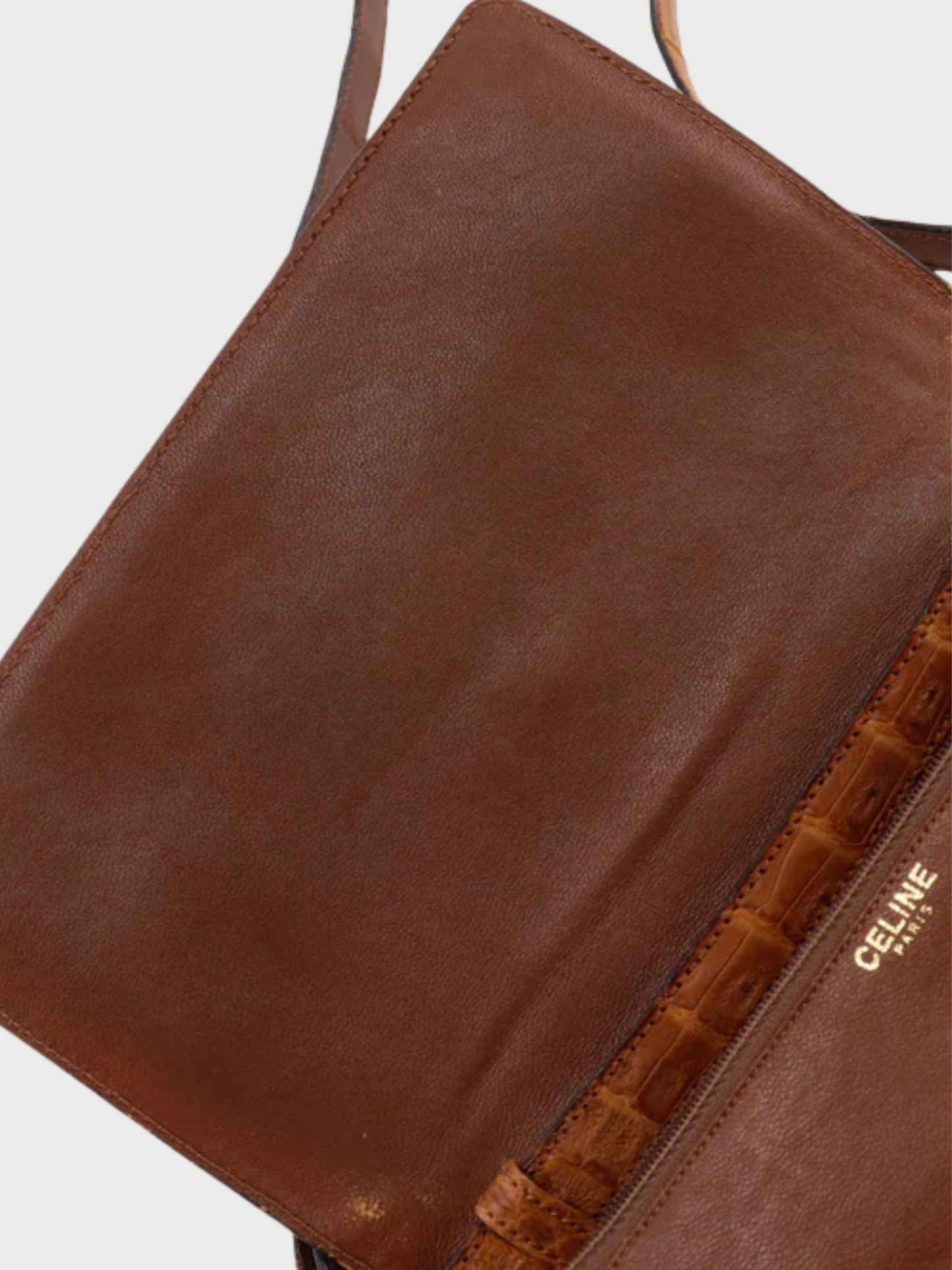 Celine 1990s Brown Crocodile Embossed Leather Horse Bag 2-Way Shoulder Bag