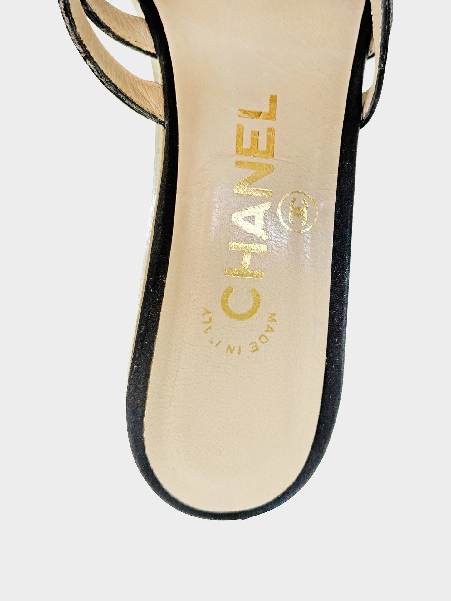 Chanel SS 1997 Black Ribbon Logo PVC Heeled Mules