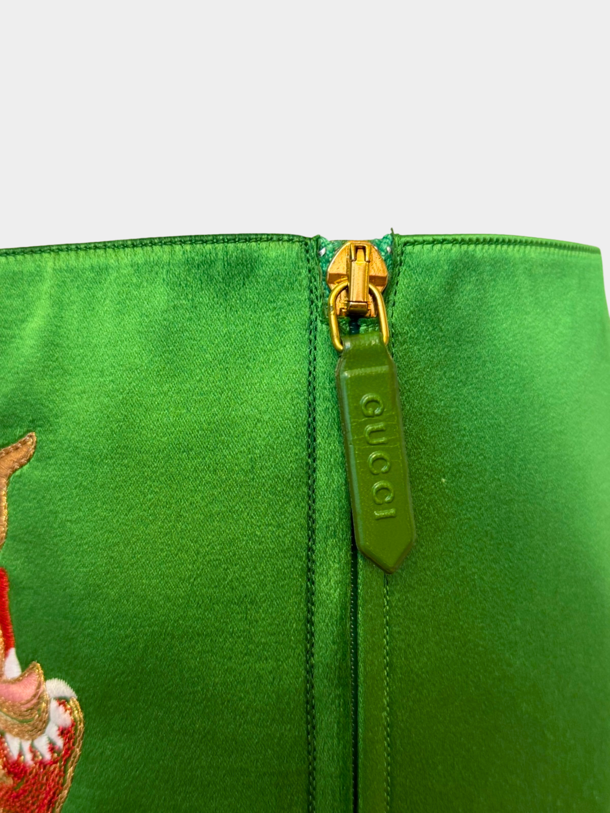 Gucci 2017 Green Dragon-Embroidered Satin Knee-High Boots