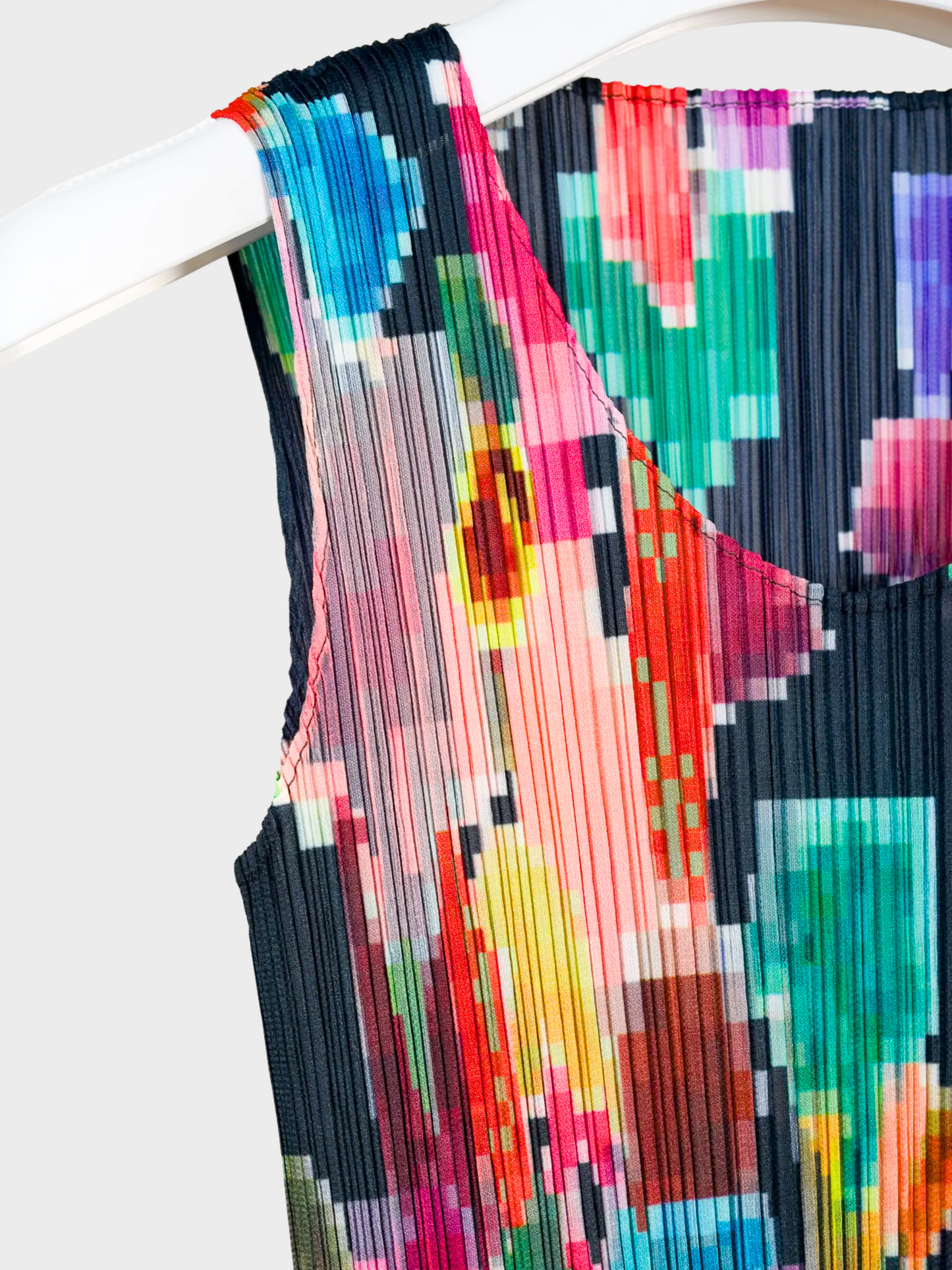 Issey Miyake Pleats Please 1990s Pixelated Multicolour Flower Print Pleated Dress