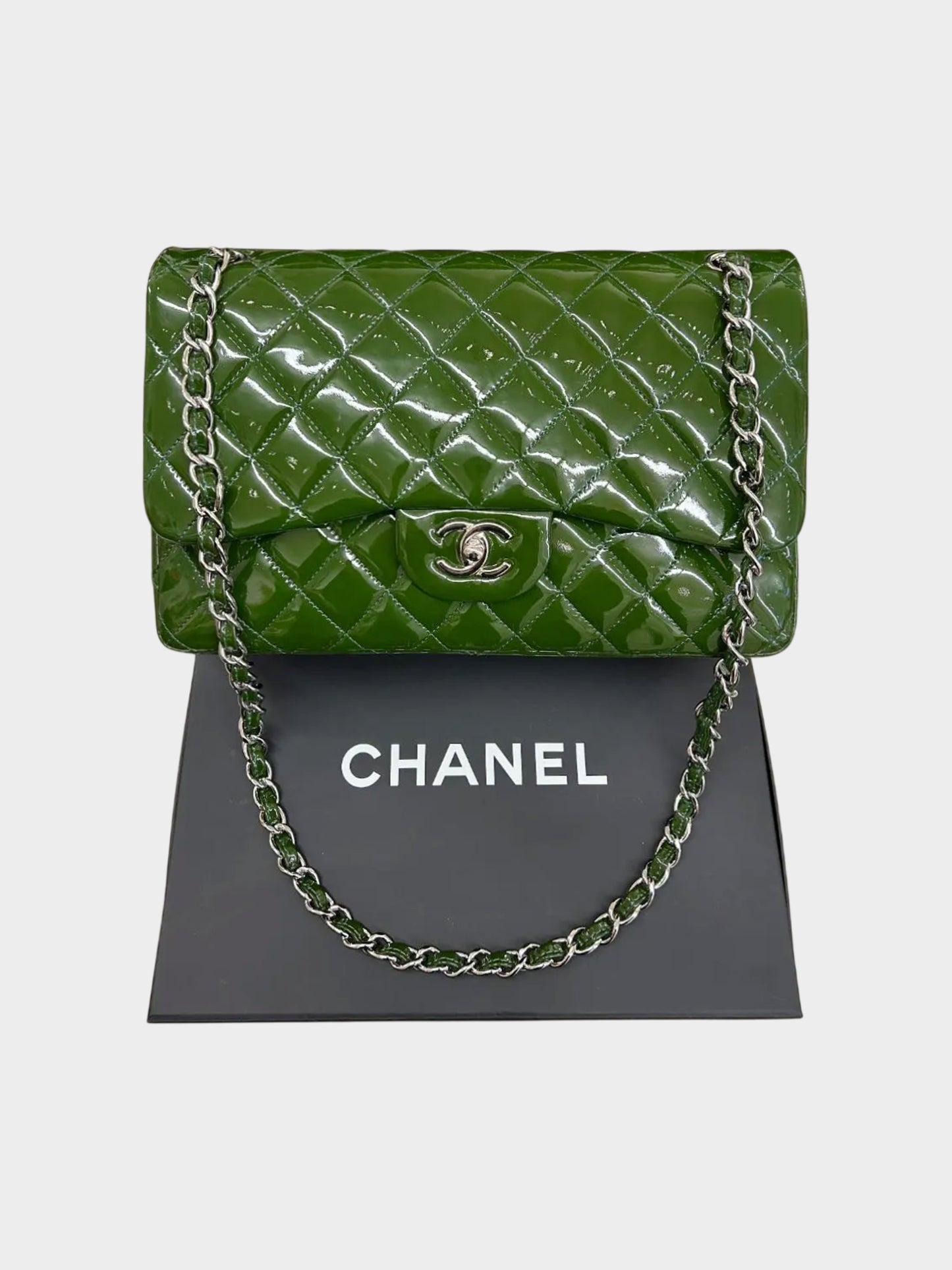 Chanel 2011 Olive Green Patent Leather Jumbo Double Flap Bag