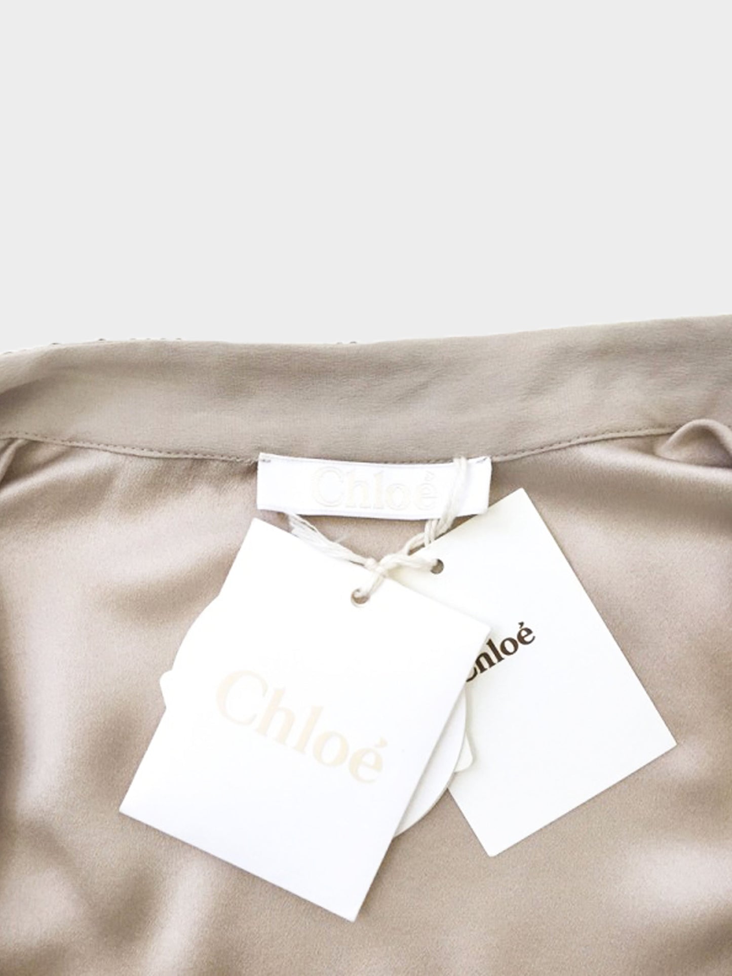 Chloé 2000s Beige Silk Shirt with Brown Sequined Collar
