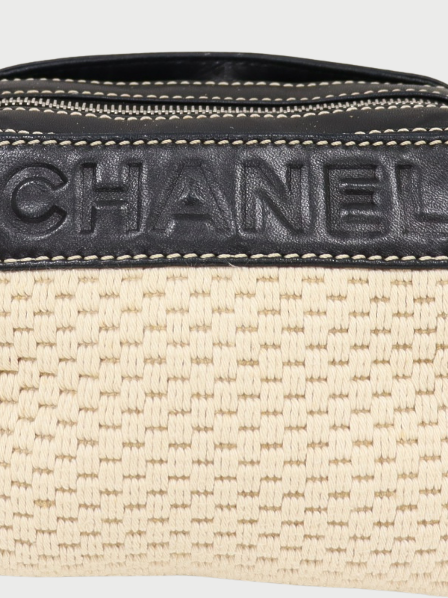 Chanel 2004 Black Ivory Cotton Leather Chain Shoulder Bag