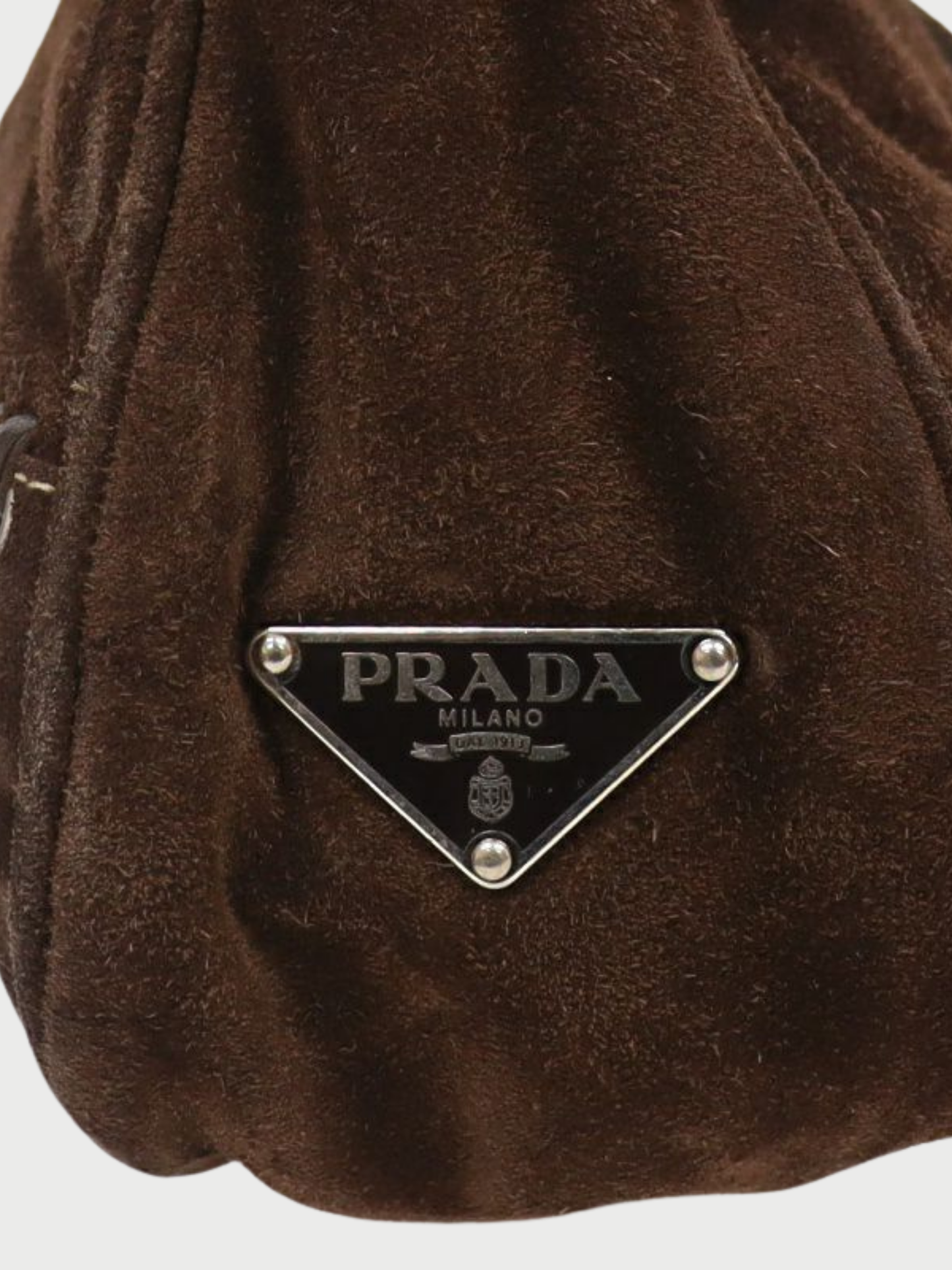 Prada 2000s Brown Suede Triangle Logo Handbag