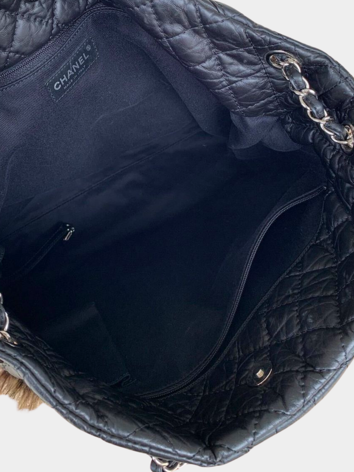 Chanel 2000s Black Quilted Leather Fur-Trim Tote Bag