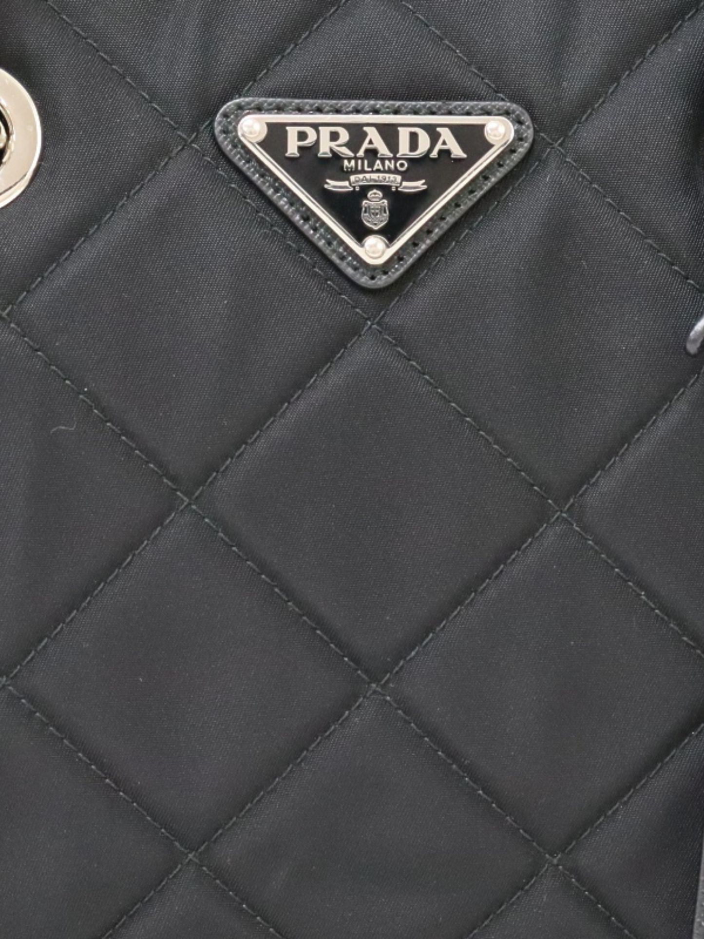 Prada 2000s Black Quilted Nylon Leather Triangle Logo Chain Tote Bag