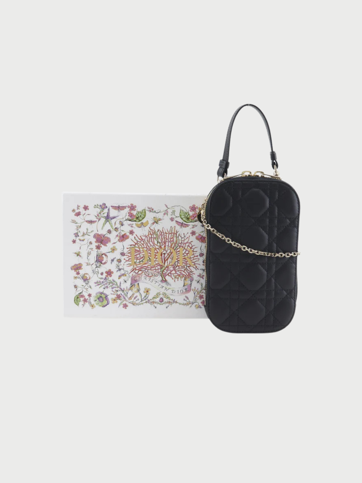 Christian Dior 2020s Black Lambskin Cannage Phone Holder Shoulder Bag