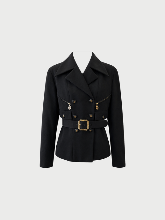 Chanel 1992 Black Wool Double Breasted Belted Jacket