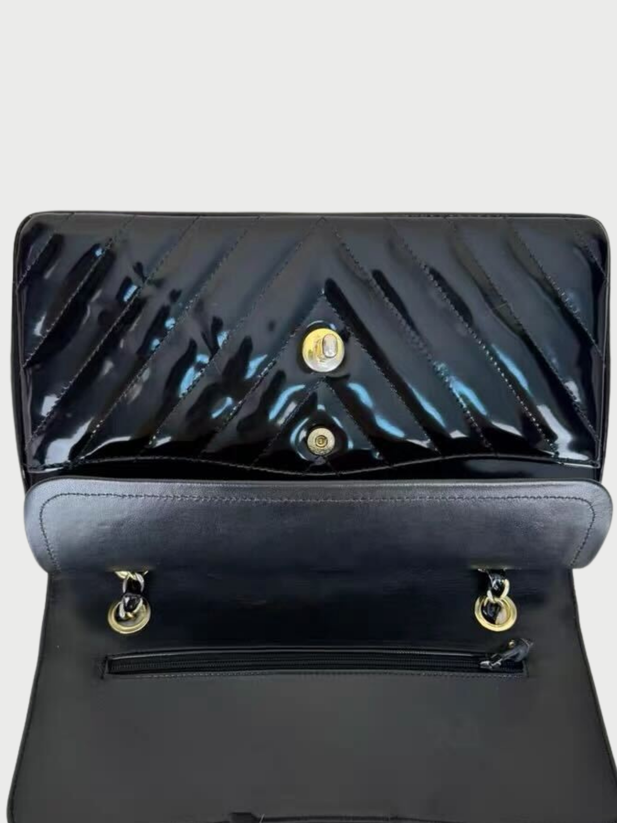 Chanel 2010s Black Patent Chevron Leather Shoulder Bag