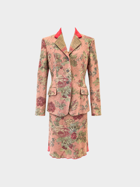 Etro 2000s Rose Green Plaid Floral Wool Skirt Suit Set
