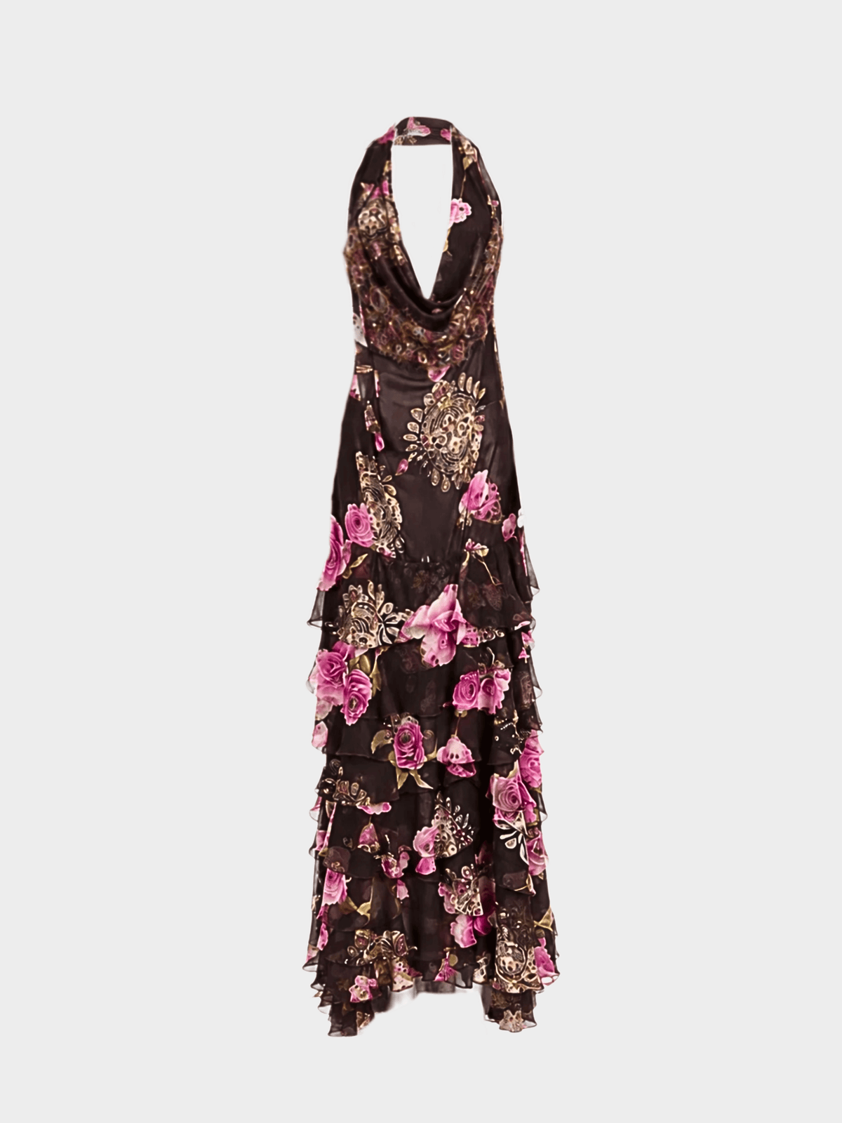 Emanuel Ungaro SS 2003 Brown Silk Floral Halter Dress