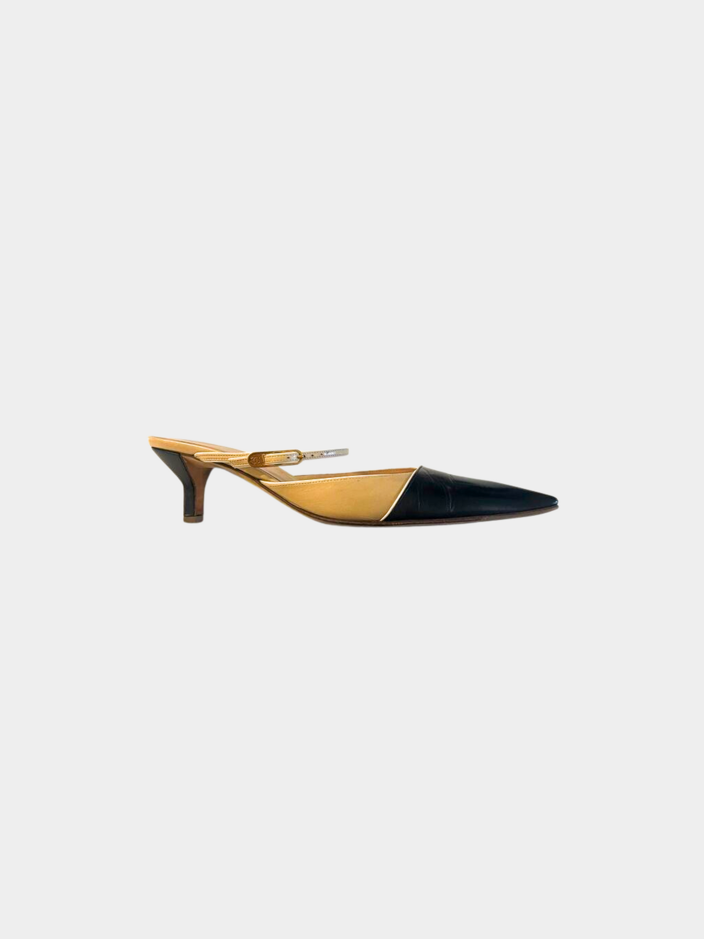 Chanel 2003 Beige Duotone Cap Toe Kitten Heel Mules