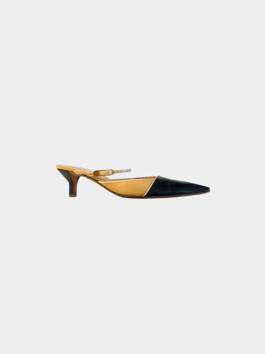 Chanel 2003 Beige Duotone Cap Toe Kitten Heel Mules