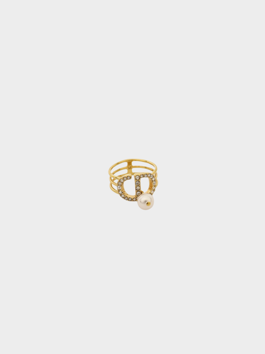 Christian Dior 2020s Gold Rhinestone Pearl CD Ring