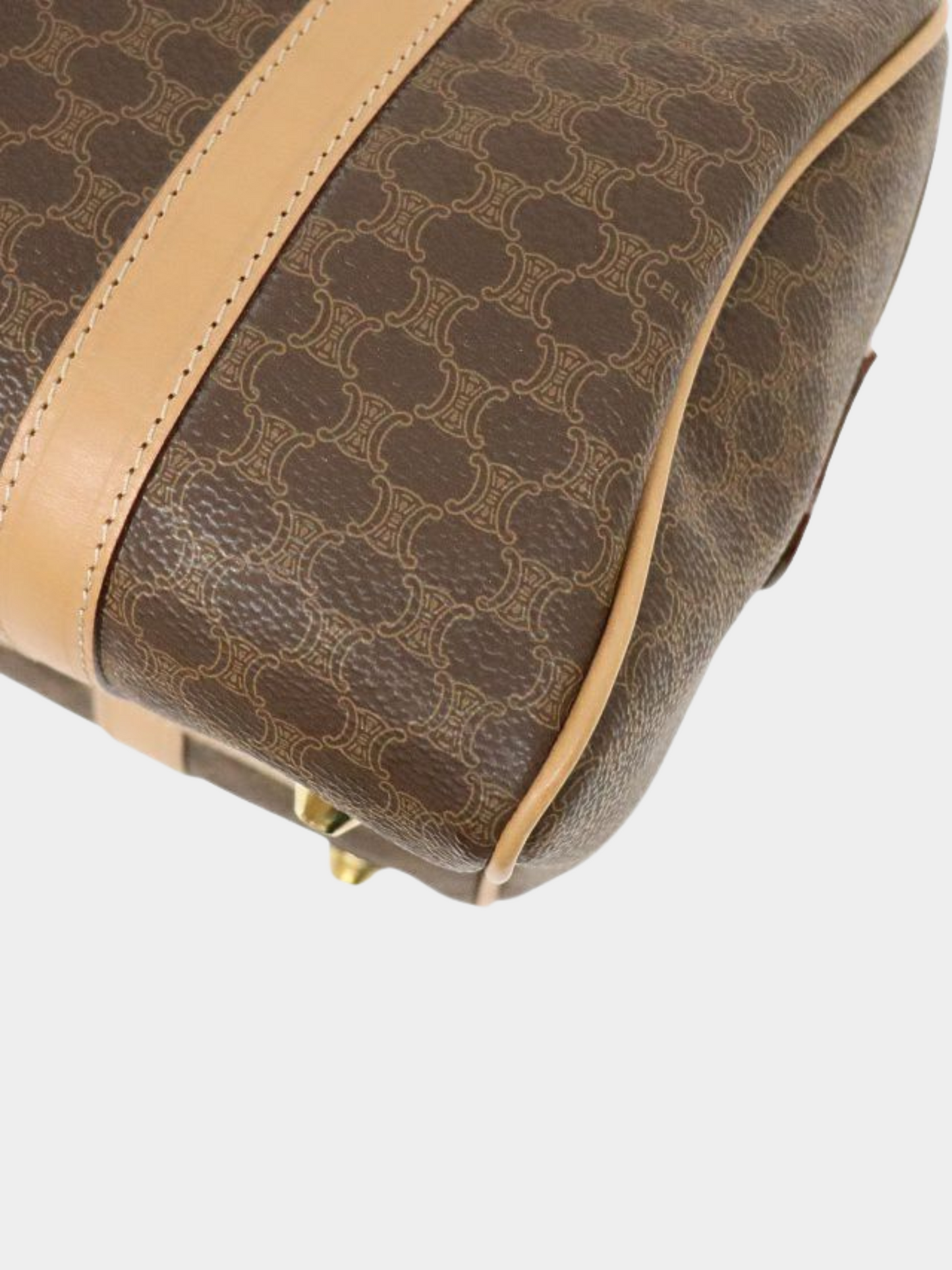 Celine 1990s Brown PVC and Leather Macadam Blazon Embossed Boston Bag