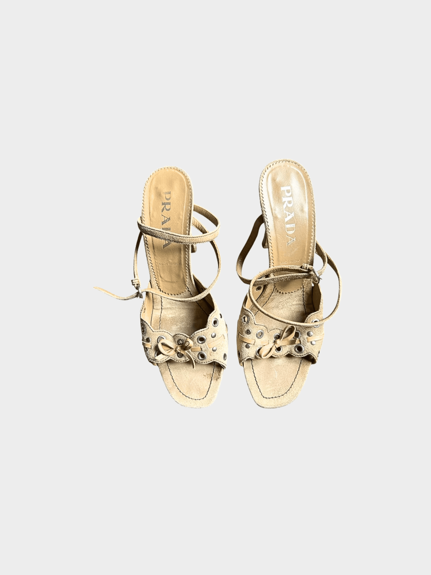 Prada 2000s Beige Suede Eyelet Strap Sandal Heel