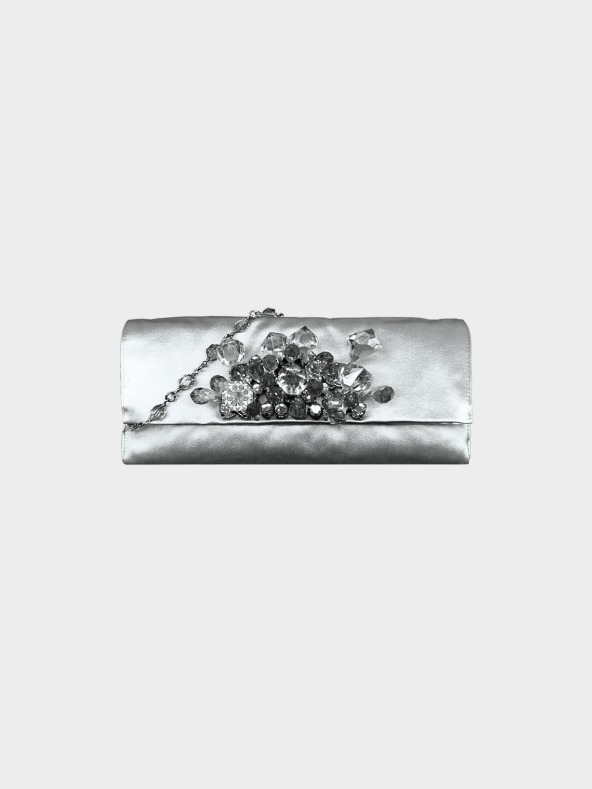 Prada 2000s Silver Satin Crystal Embellished Chain Clutch