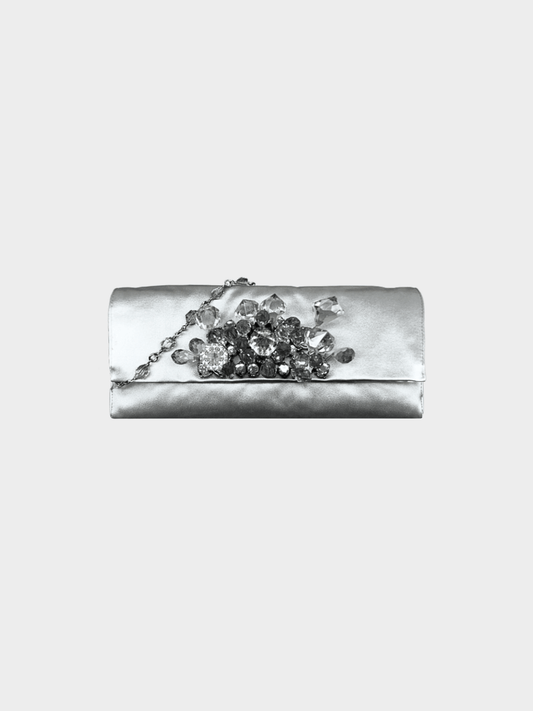 Prada 2000s Silver Satin Crystal Embellished Chain Clutch
