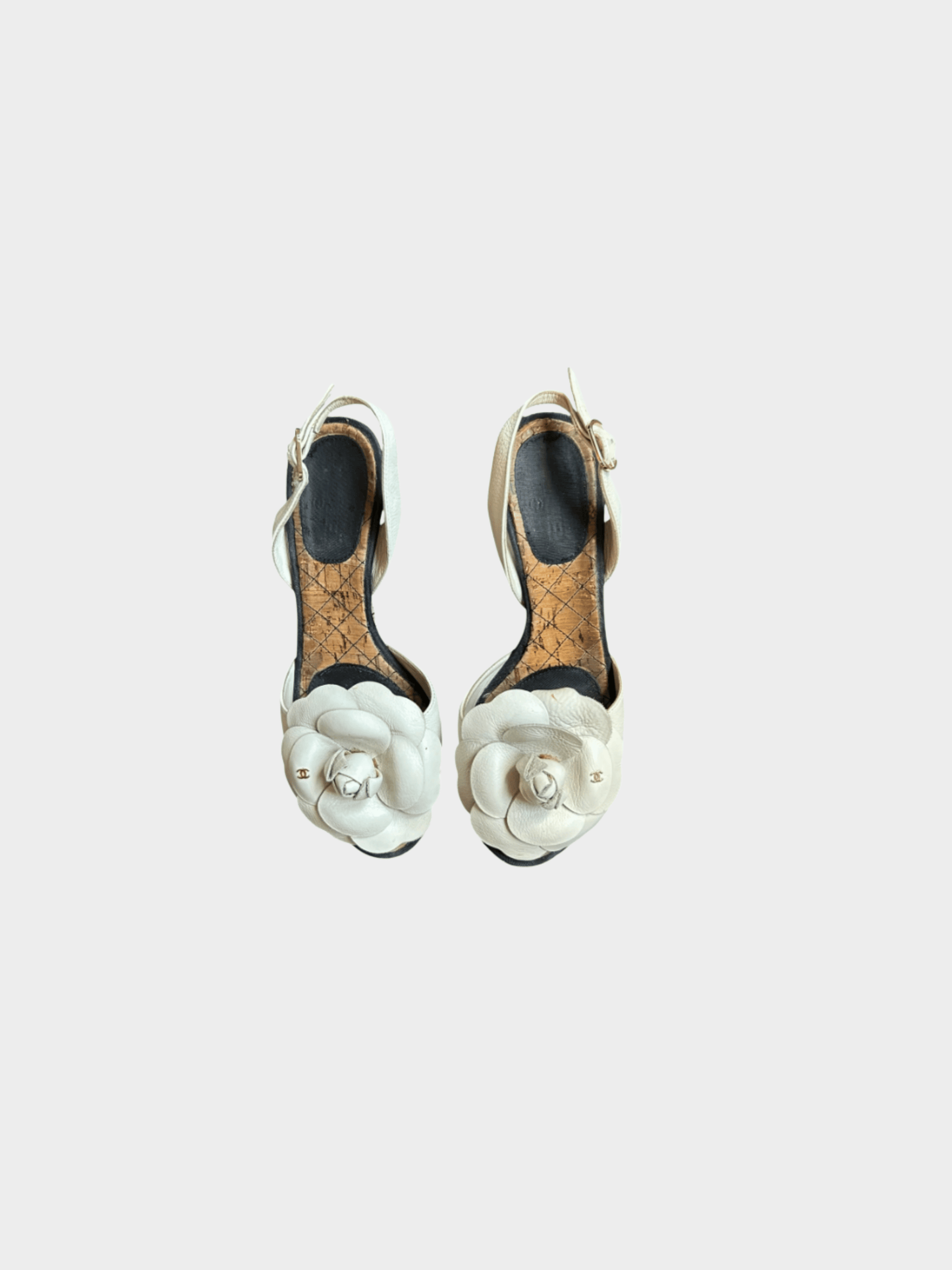 Chanel 2000s White and Black Leather Cork Slingback Wedges