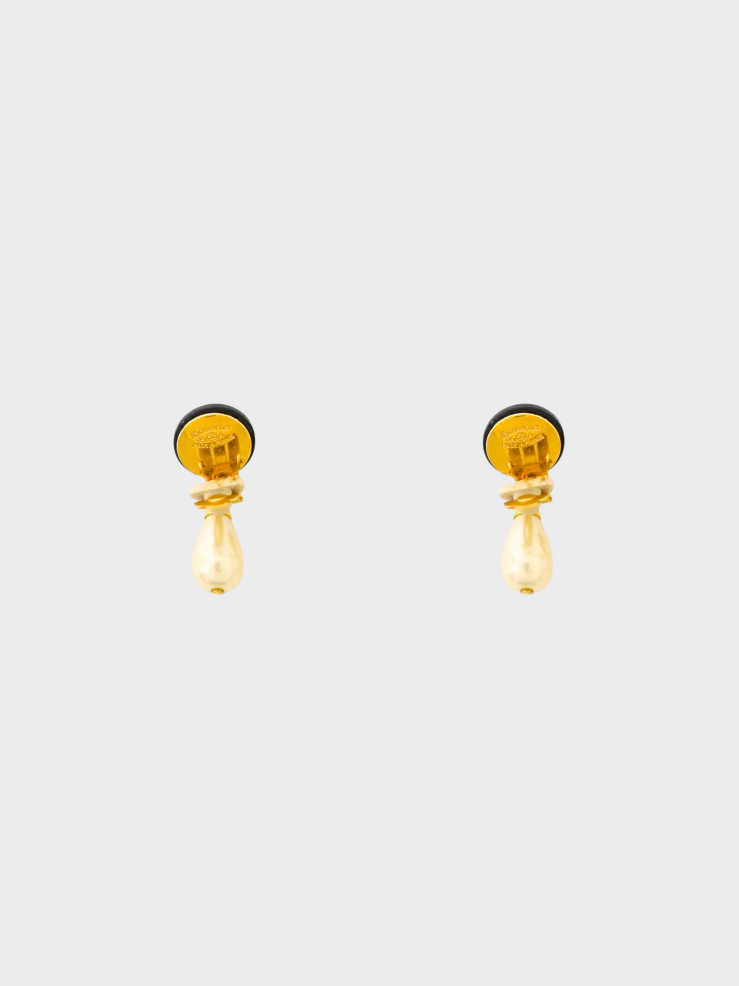 Chanel 1995 Black CC Logo Pearl Clip-on Earrings