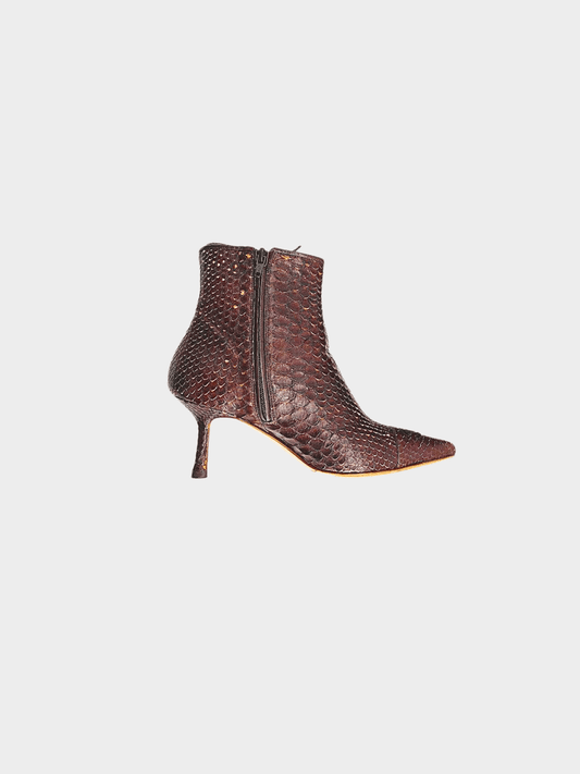 Chanel 2000s Dark Brown Python Leather Pointed Toe Ankle Length Boots