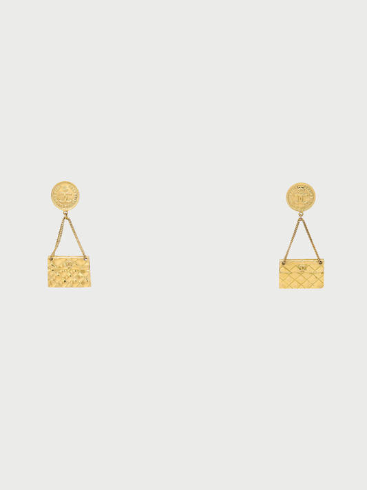 Chanel 1988 Gold Plated Matelassé COCO Bag Motif Earrings