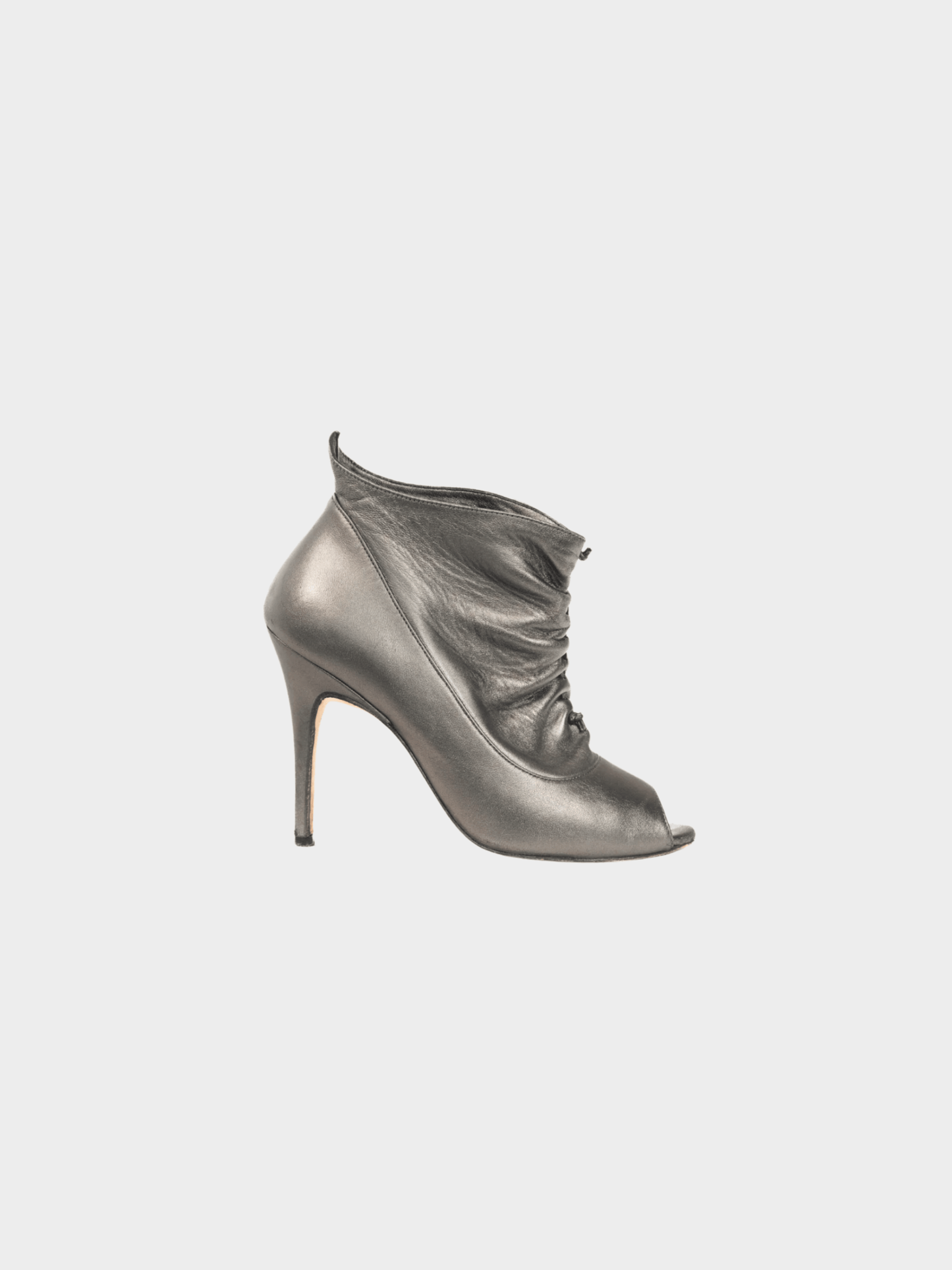 Manolo Blahnik 2010s Repiroz Anthracite Nappa Silk Ruched Peep-Toe Booties