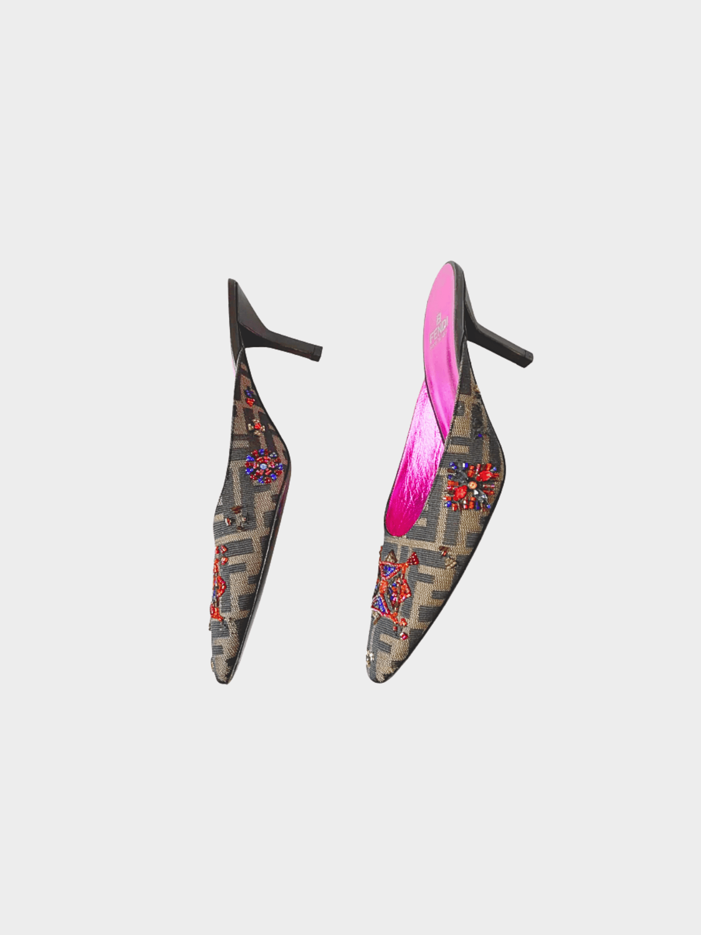 Fendi 2000s Brown Zucca Pattern Embellished Monogram Mules