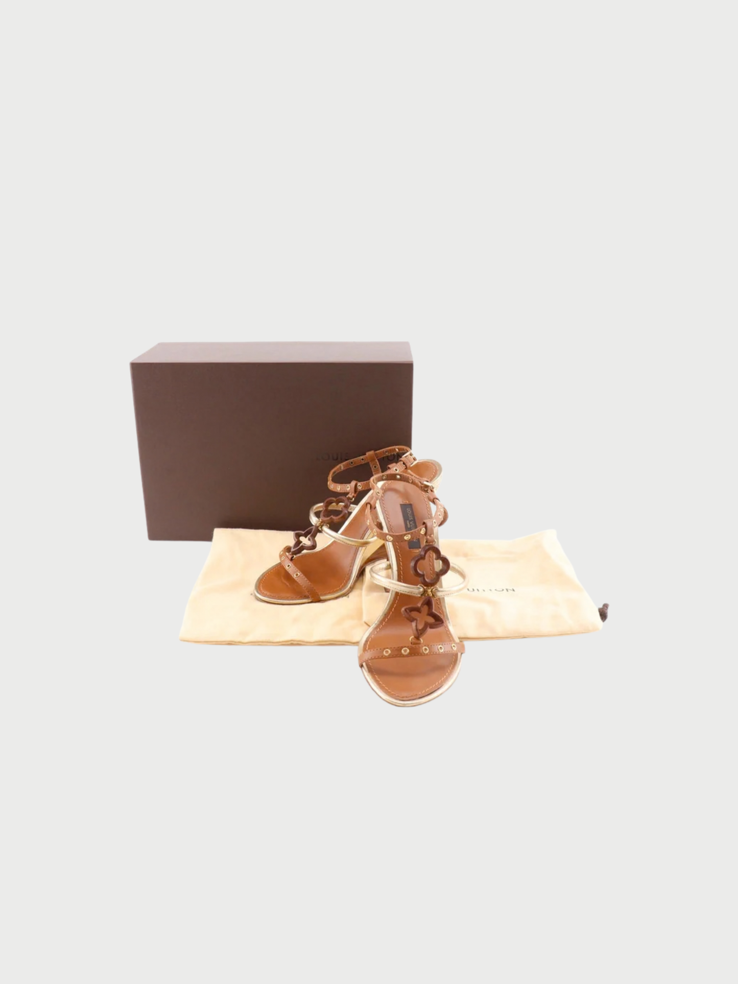 Louis Vuitton 2000s Brown Gold Leather Wood Monogram Flower Wedge Sandals