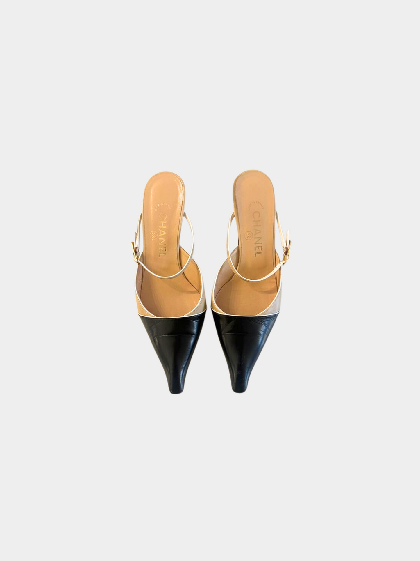 Chanel 2003 Beige Duotone Cap Toe Kitten Heel Mules