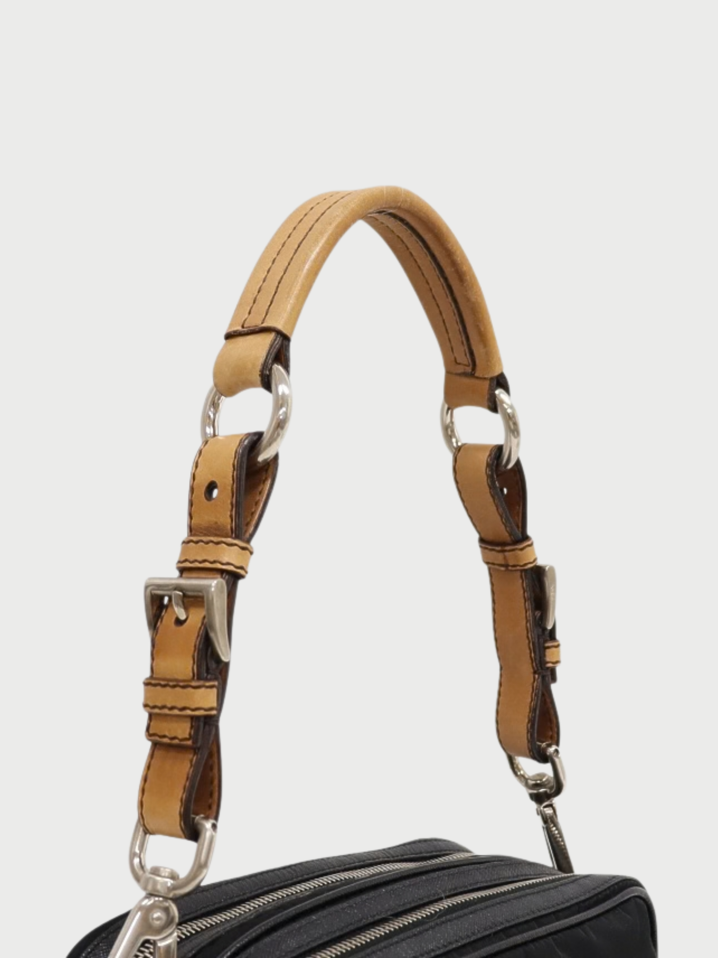 Prada 2000s Black Beige Nylon Leather Triangle Logo Hardware One-Shoulder Bag